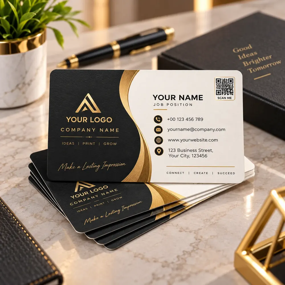 Black and gold visiting cards printed at Siri Print World, Palakollu — front with logo and company name, back with contact details and QR code