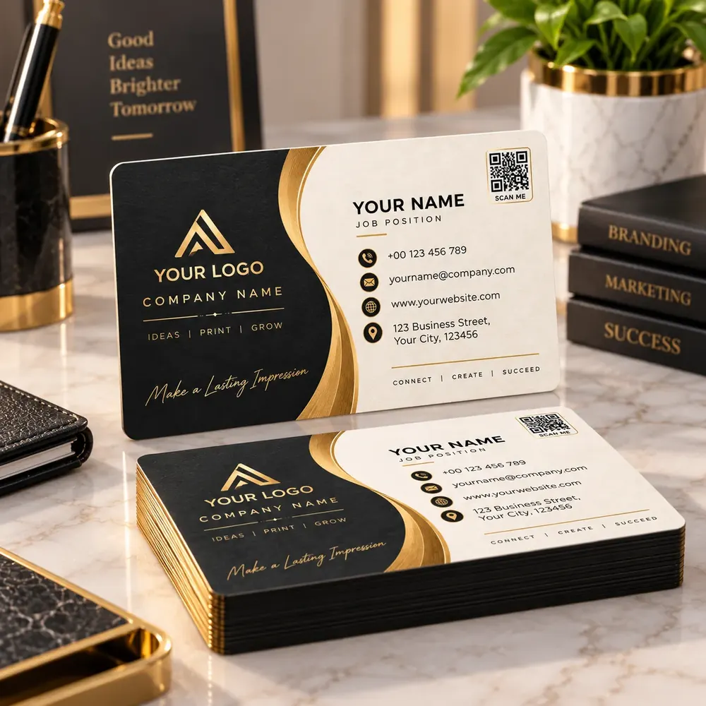 Stack of black and gold visiting cards with gilded edges on a marble desk