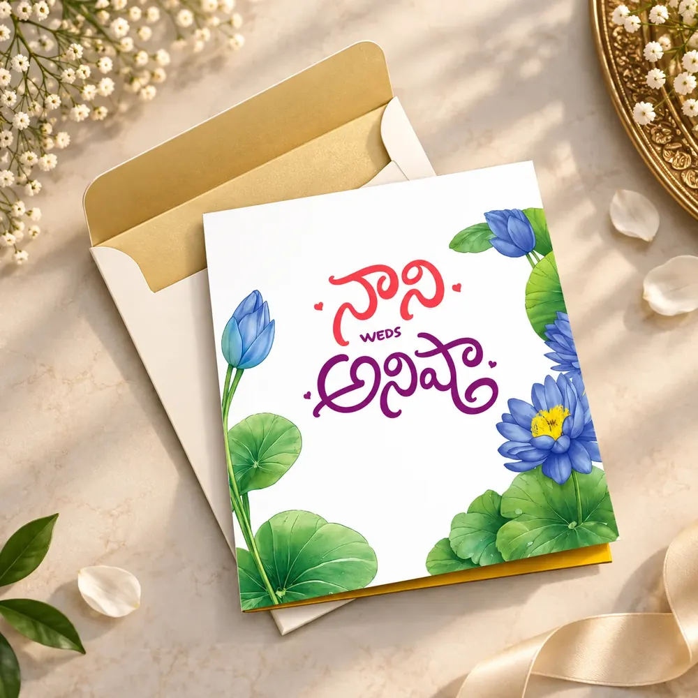 Wedding card lying on its gold-lined envelope, “Nani weds Anisha” in Telugu