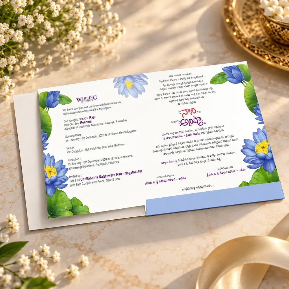 Wedding card opened to show the English and Telugu invitation text with lotus borders