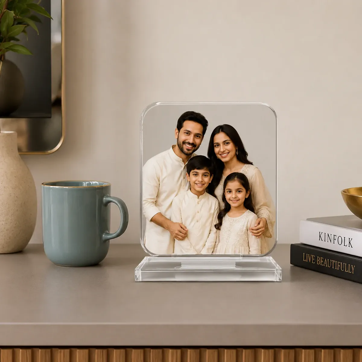 Clear acrylic photo stand on a desk, a family portrait printed on the panel above a solid acrylic base — Siri Print World, Palakollu