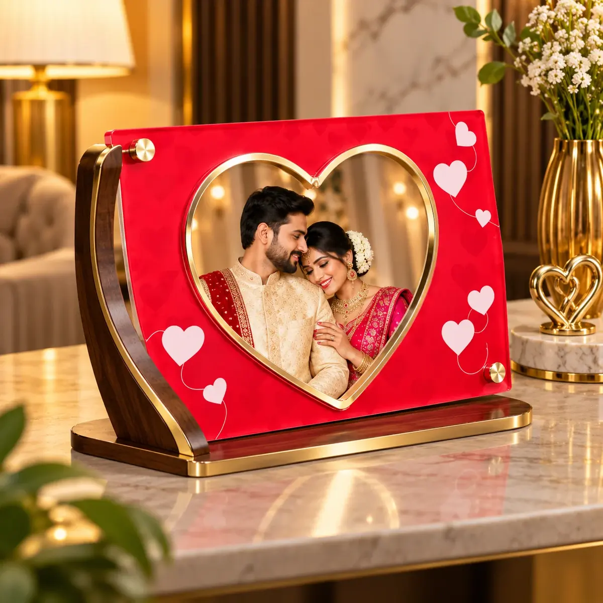 Acrylic hanging photo stand — a red heart-cut panel of a couple suspended in a wooden and gold swivel frame — Siri Print World, Palakollu