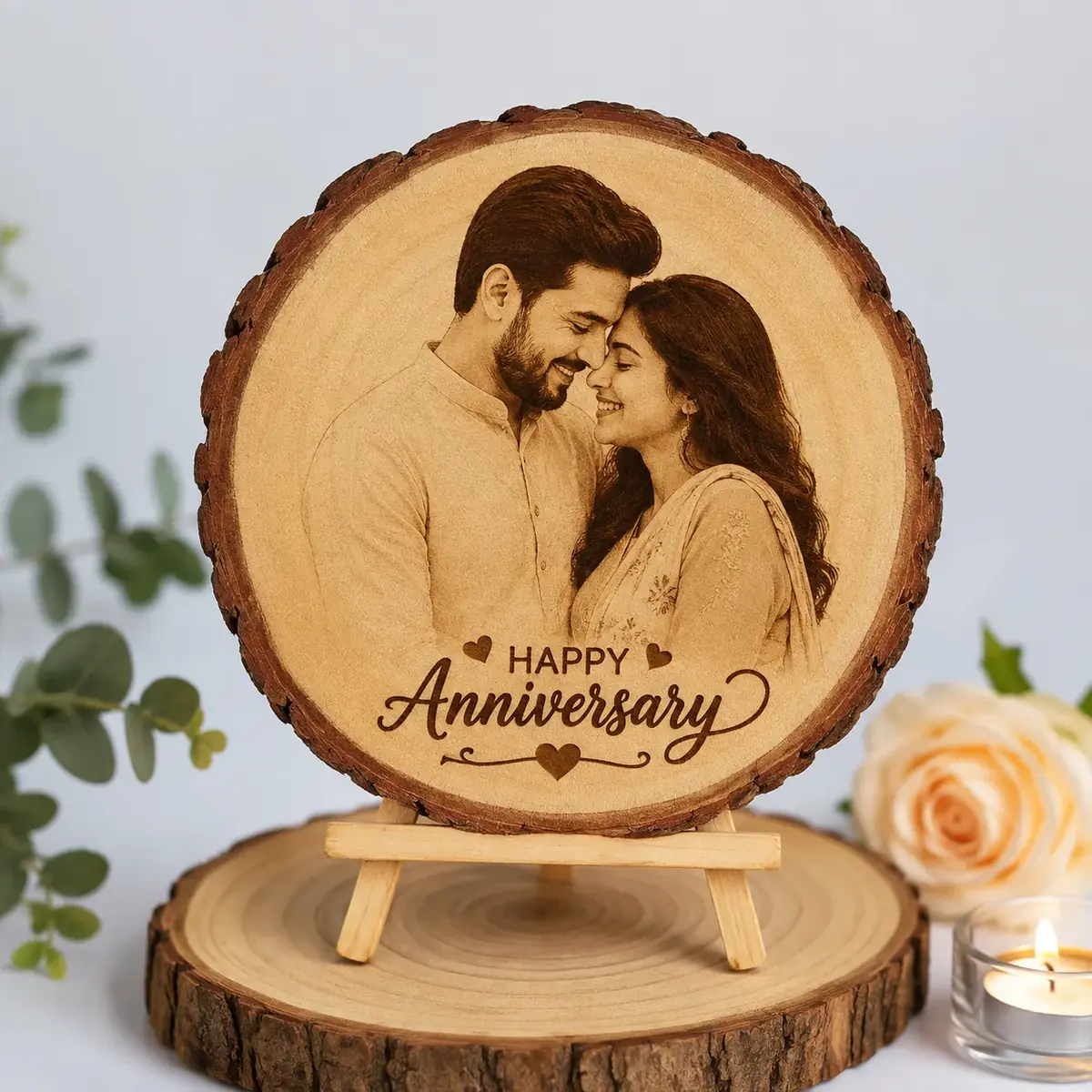 Wooden photo stand — a couple’s portrait engraved into a bark-edged log slice, resting on a small wooden easel — Siri Print World, Palakollu