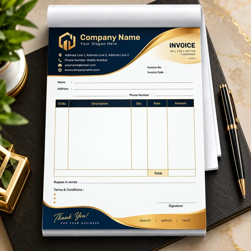 Custom bill book printed at Siri Print World, Palakollu — navy and gold invoice pad with company name, address block and item table