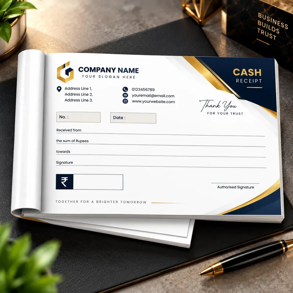 Cash receipt book printed at Siri Print World, Palakollu — navy and gold header, received-from, amount and authorised-signature lines