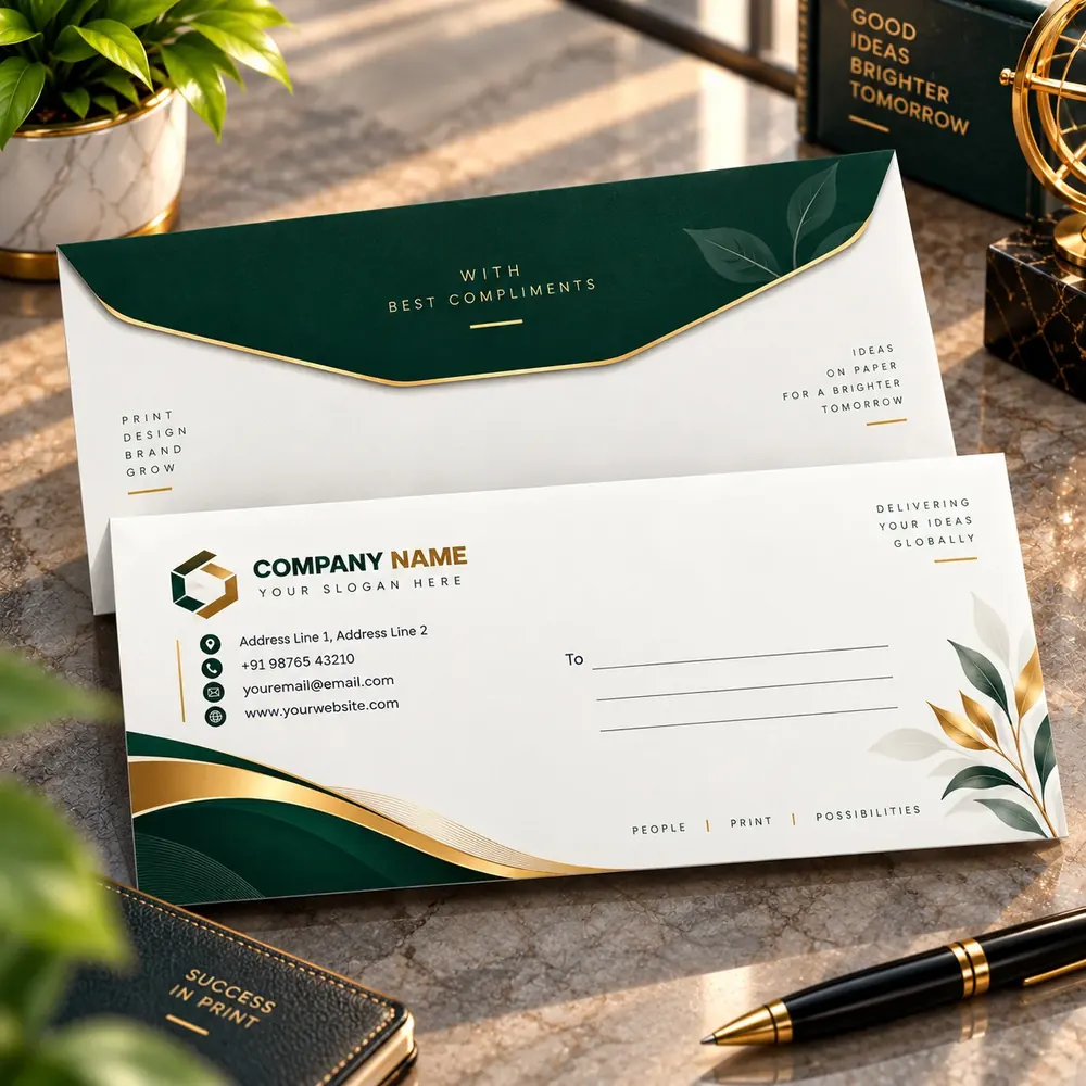 Printed envelopes from Siri Print World, Palakollu — green and gold design with company name, contact block and “With best compliments” flap