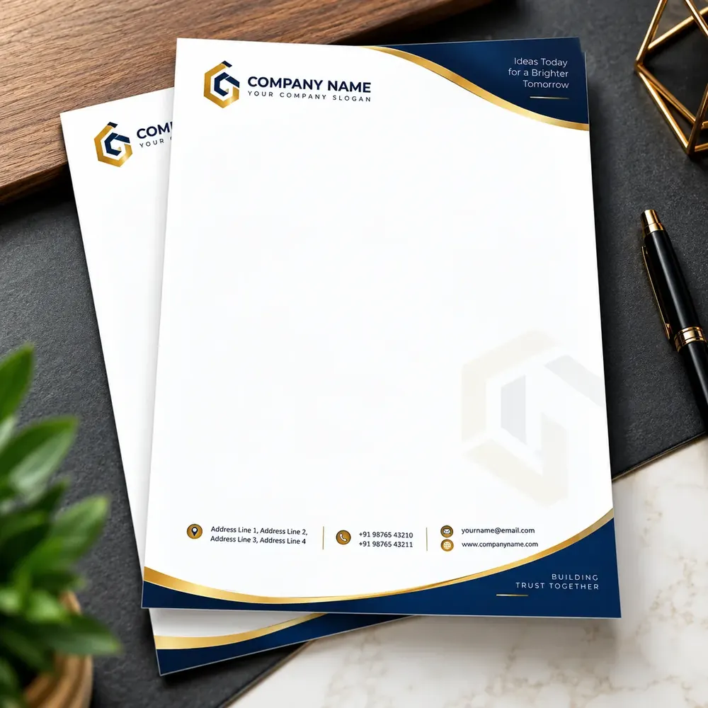 Custom letterheads printed at Siri Print World, Palakollu — navy and gold header with logo, company name and contact footer