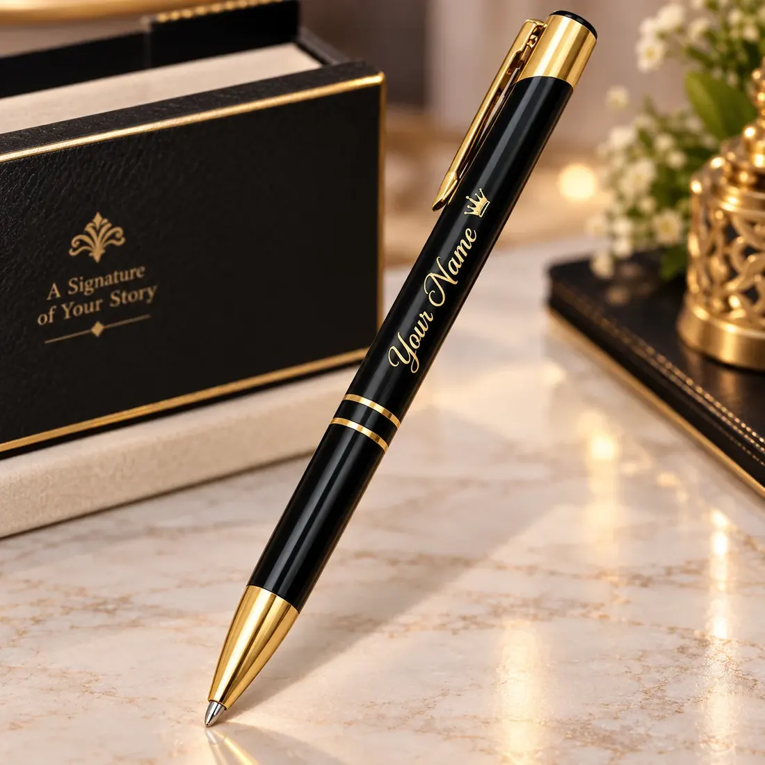 Black and gold metal ballpoint pen engraved with a name, resting beside its presentation box — Siri Print World, Palakollu