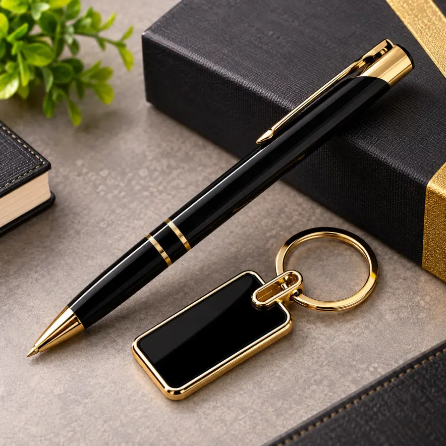 Black and gold metal ballpoint pen with a matching black and gold rectangular keychain, beside a gift box on a desk