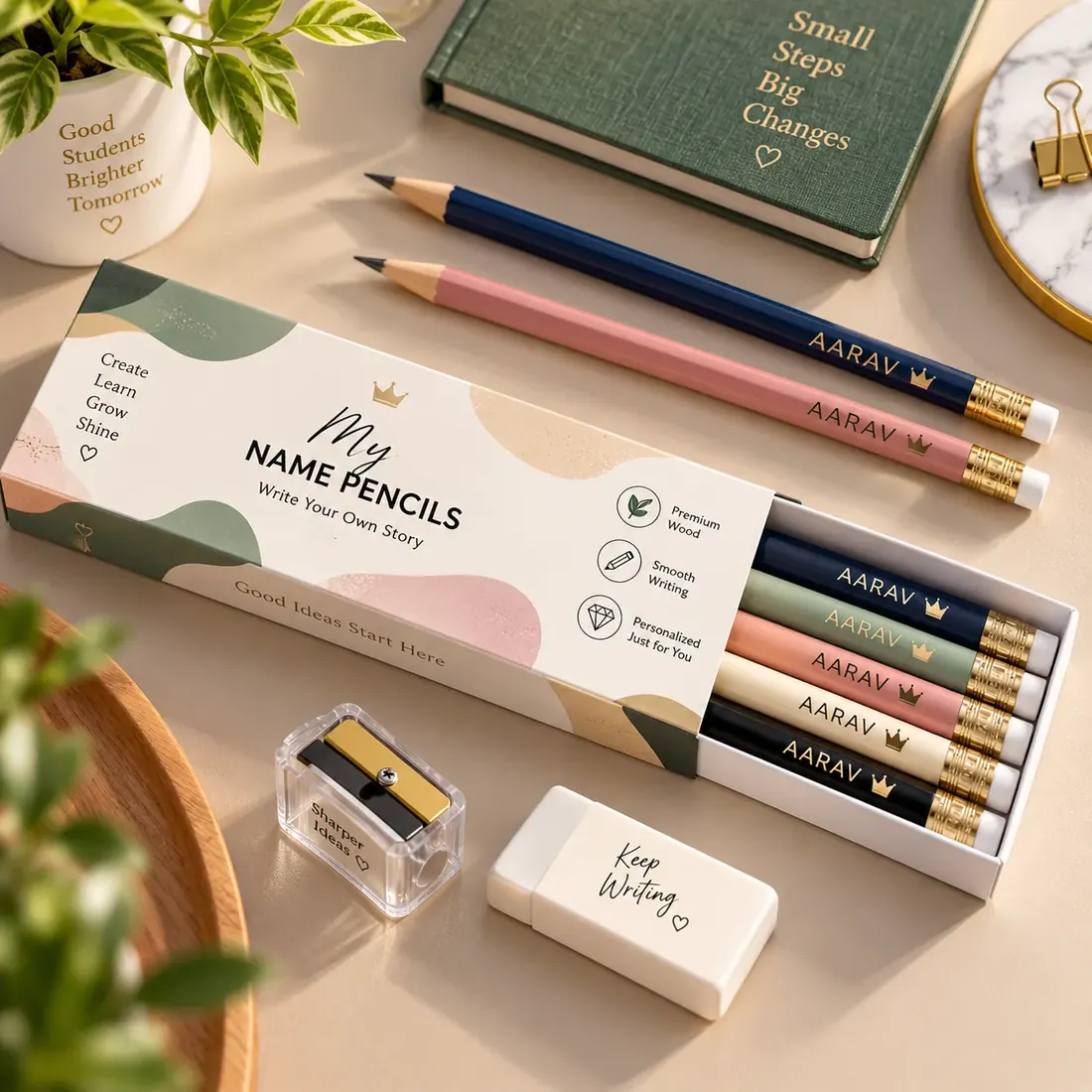 Box of name pencils in navy, sage, pink, cream and black, each printed with a child’s name in gold, with a sharpener and eraser — Siri Print World, Palakollu
