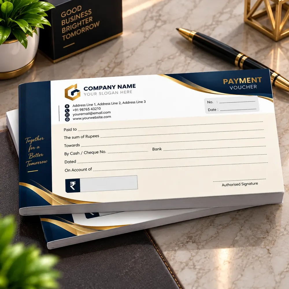 Payment voucher book printed at Siri Print World, Palakollu — navy and gold header, paid-to, cheque number and authorised-signature lines