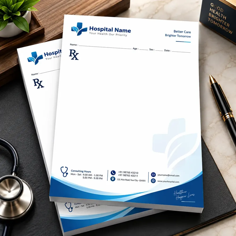 Doctor’s prescription pads printed at Siri Print World, Palakollu — blue hospital header, Rx symbol, patient name/age/date lines and consulting-hours footer